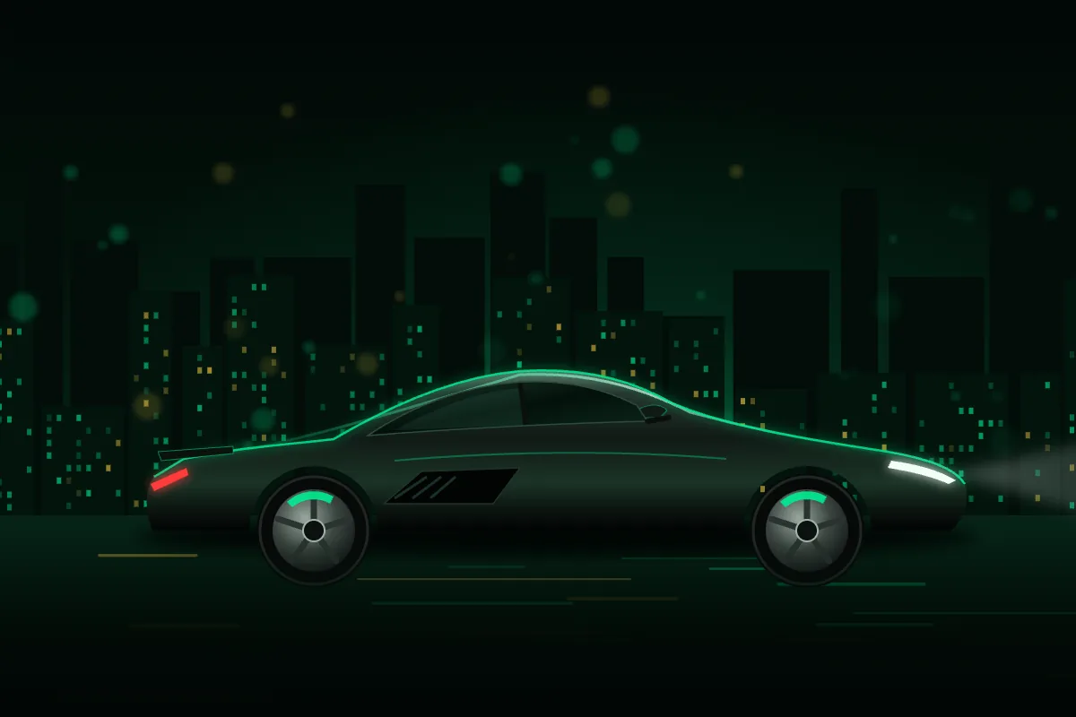 Carro esportivo em uma avenida iluminada à noite