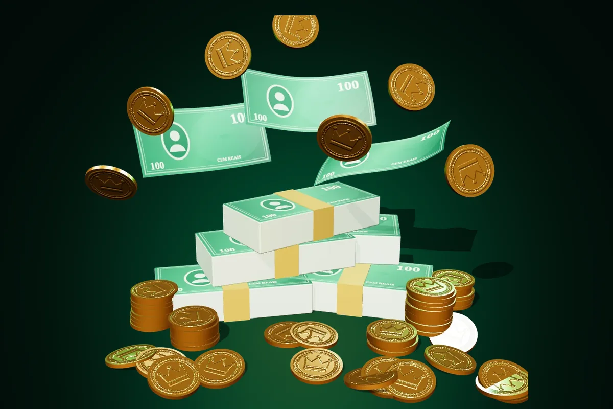 Maços de dinheiro e moedas de ouro